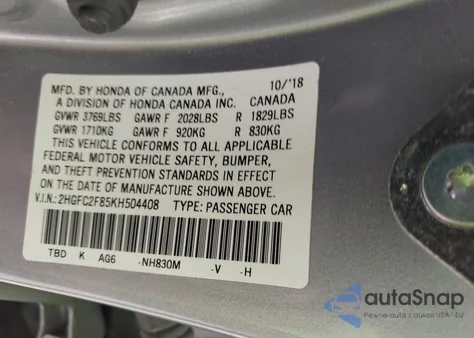 2019 Honda Civic Sport from USA, damaged, VIN 2HGFC2F85KH504408